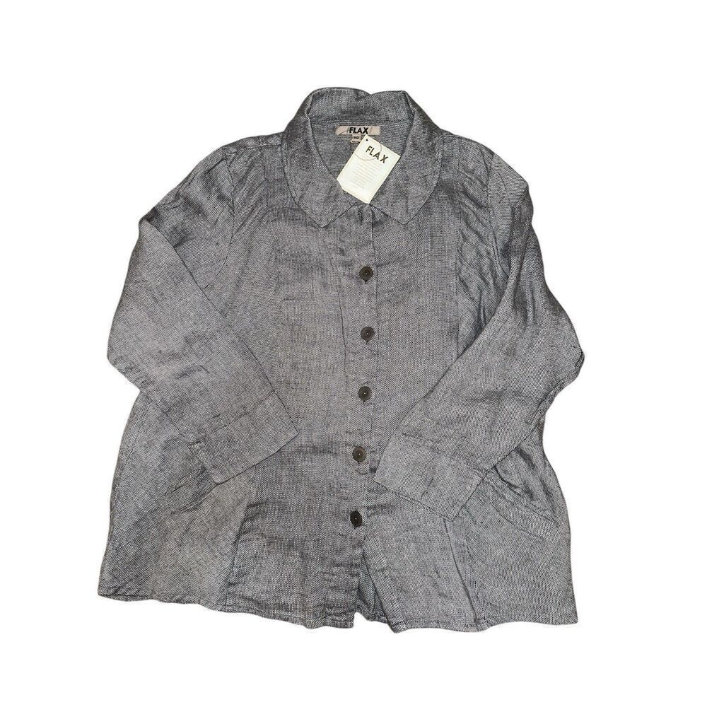 FLAX Grey 100% Linen Button Front Tunic Top Coastal Lagenlook Womens Size 1G